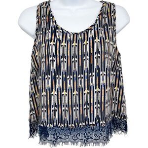 Lush Geometric Aztec Tribal Print Multicolored Lace Trim Sleeveless Crop Top